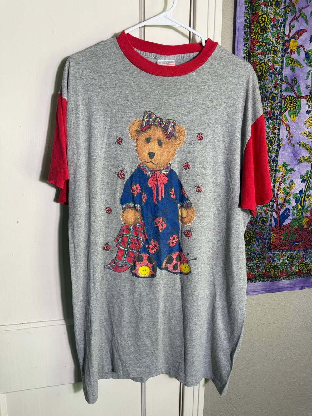 Simply Basic Teddy Bear Nightshirt Gray Red Contrast Sleeves Sleep Shirt